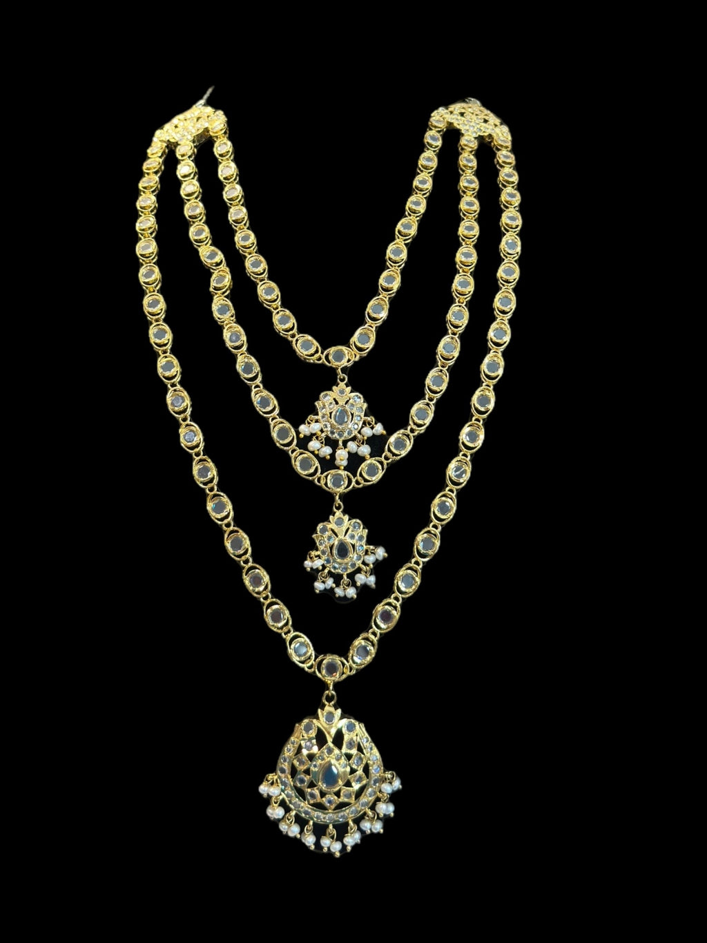 SAT105 Mallika hyderabadi three layer necklace set in fresh water pearls ( READY TO SHIP )