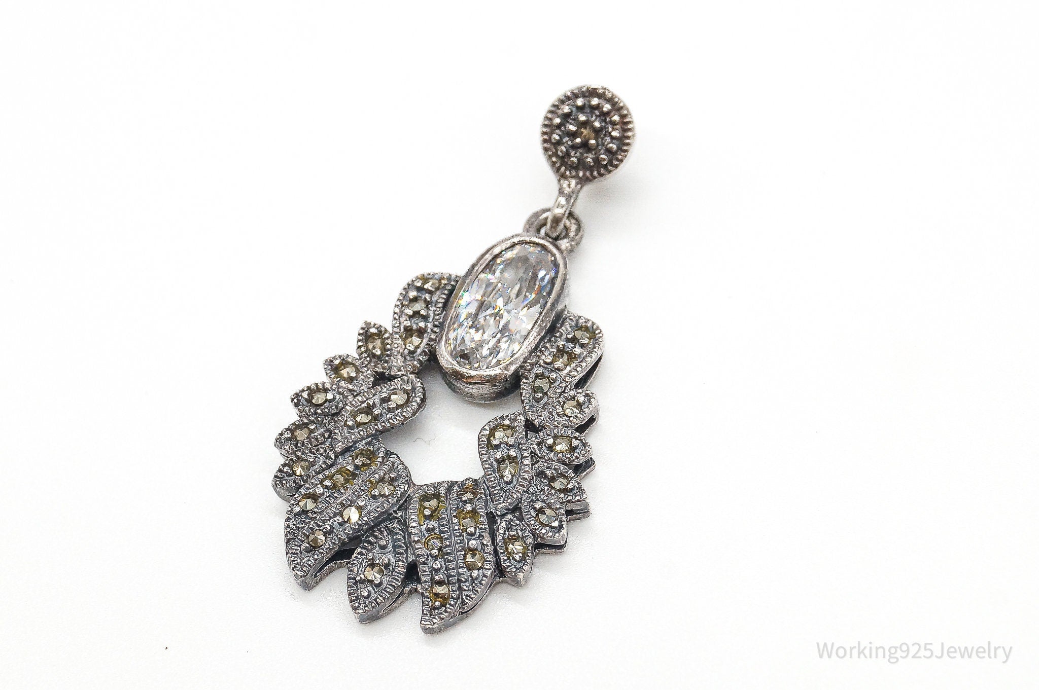 Vintage Marcasite Art Deco Cubic Zirconia Sterling Silver Pendant