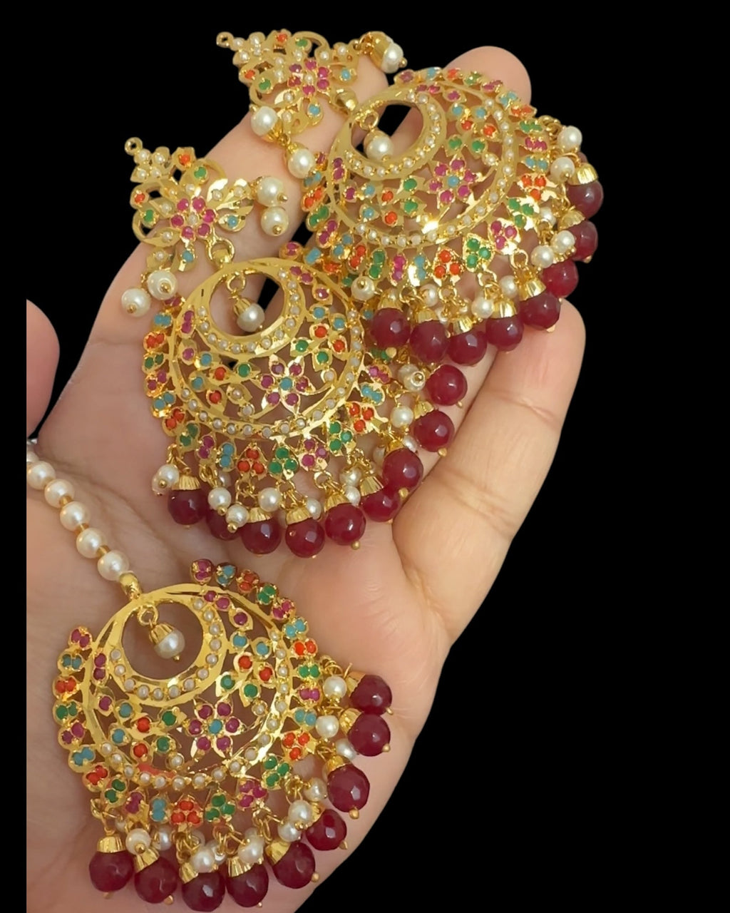 Dafiya Gold Plated Chandbali Earrings & Tika Set in Navratan | Ready to Ship | Deccan Jewelry