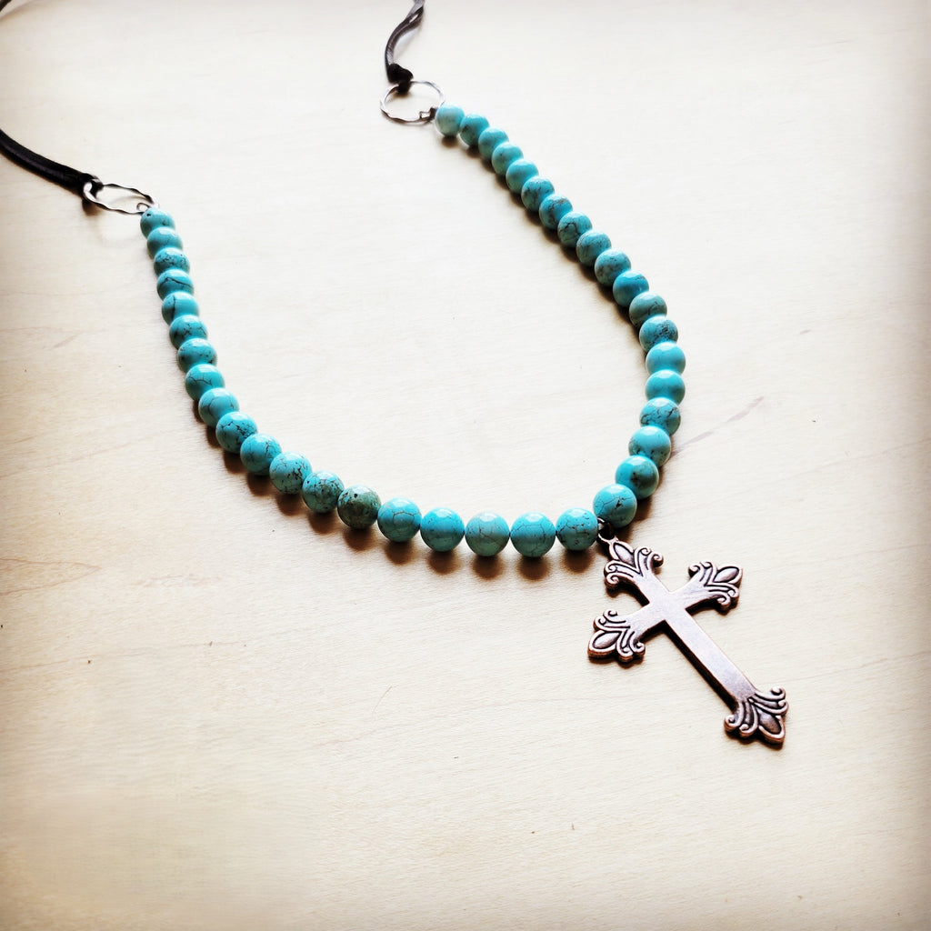 **Frosted Magnesite Beaded Necklace w/ Copper Cross 258i