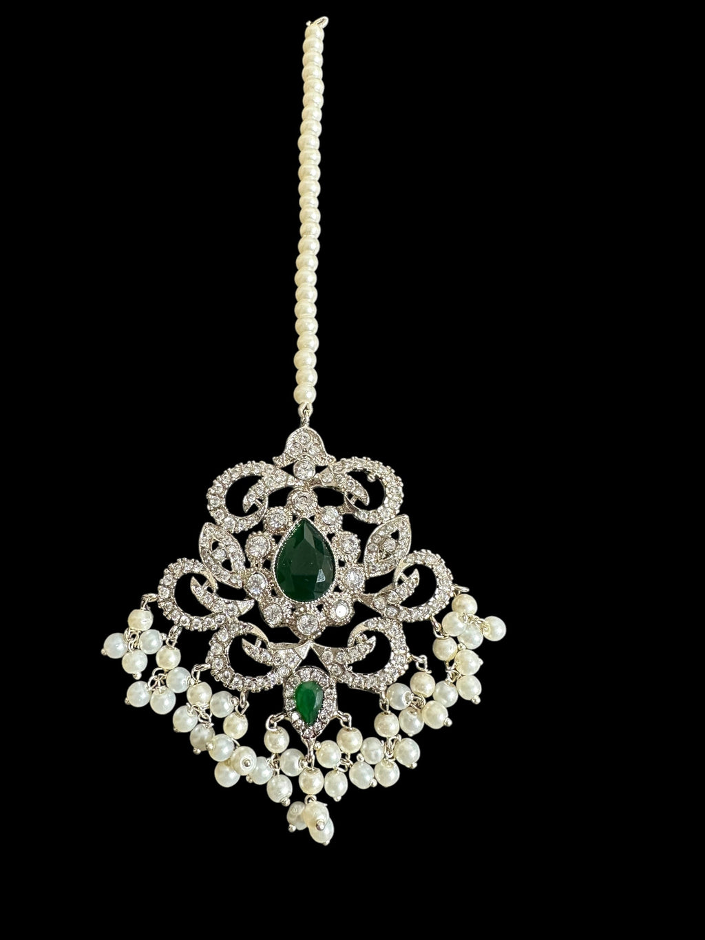 Raaga zircon earring tika set in green with silver plating ( SHIPS IN 4 WEEKS  )