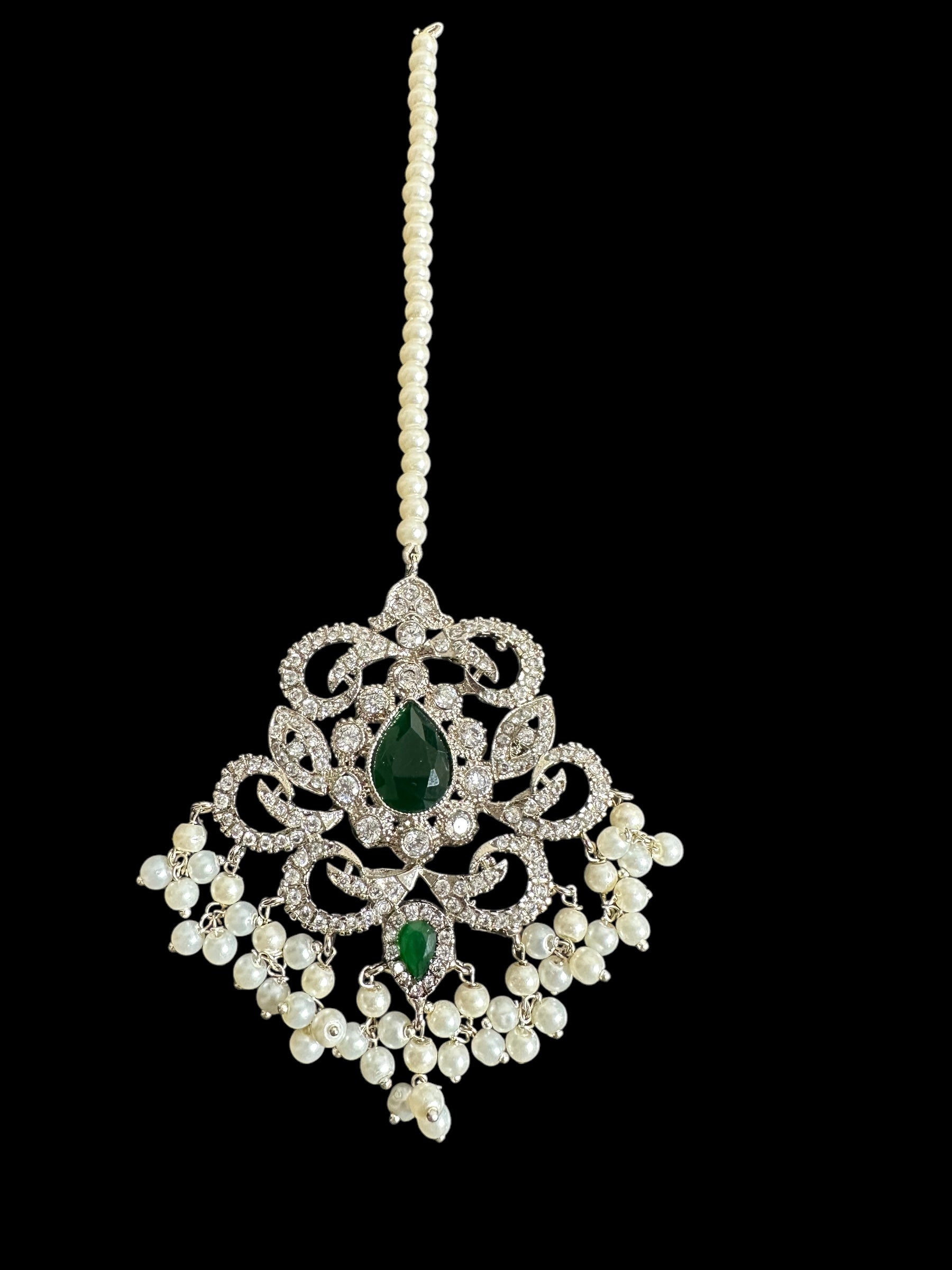 Raaga zircon earring tika set in green with silver plating ( SHIPS IN 4 WEEKS  )