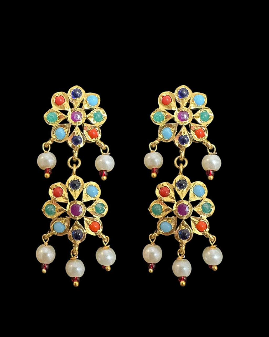 DER759 navratan gold plated earrings in flower ( READY TO SHIP)