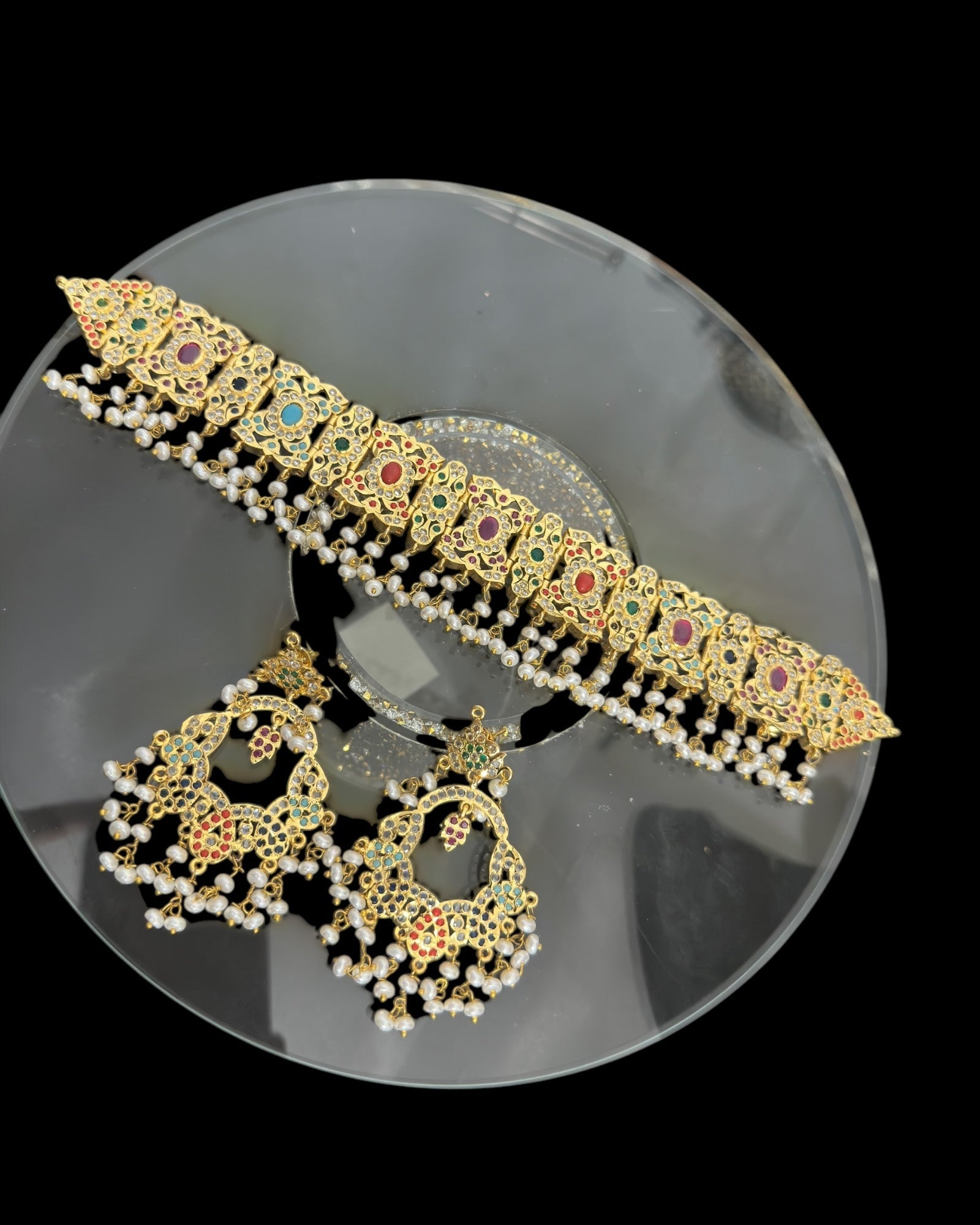 C543  Nishat fresh water pearl choker with earrings -Navratan  ( READY TO SHIP )