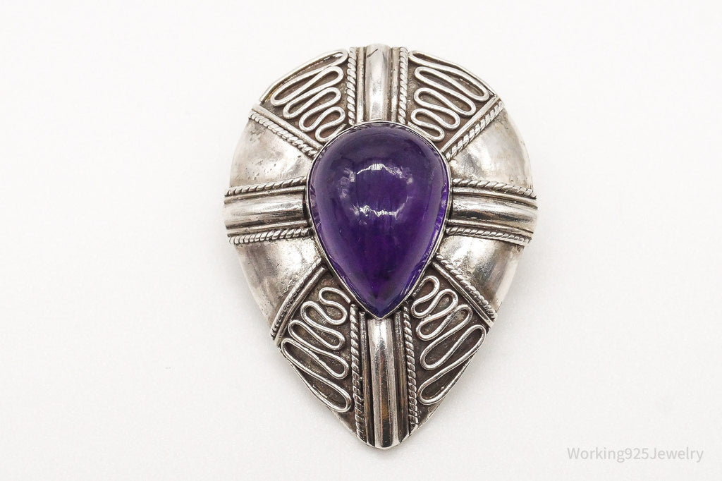 Vintage Amethyst Bali Sterling Silver Brooch Pin Pendant