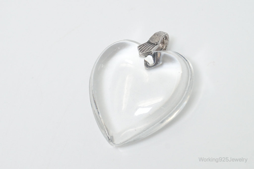 Vintage Large Glass Heart Sterling Silver Necklace Pendant