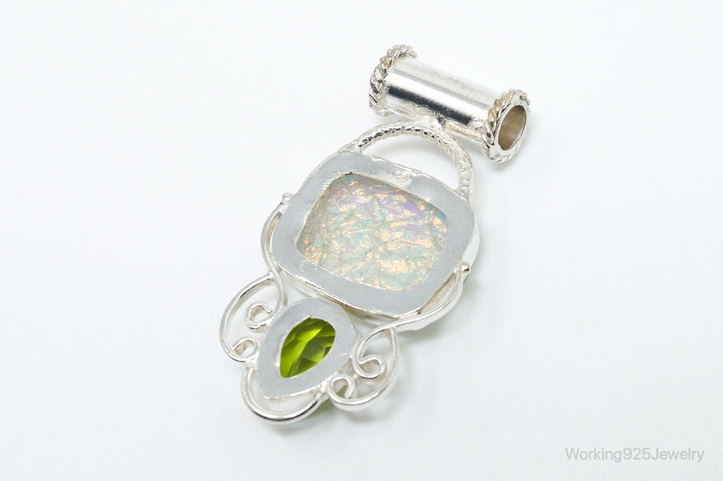 Large Vintage Rainbow Glass Peridot Sterling Silver Pendant