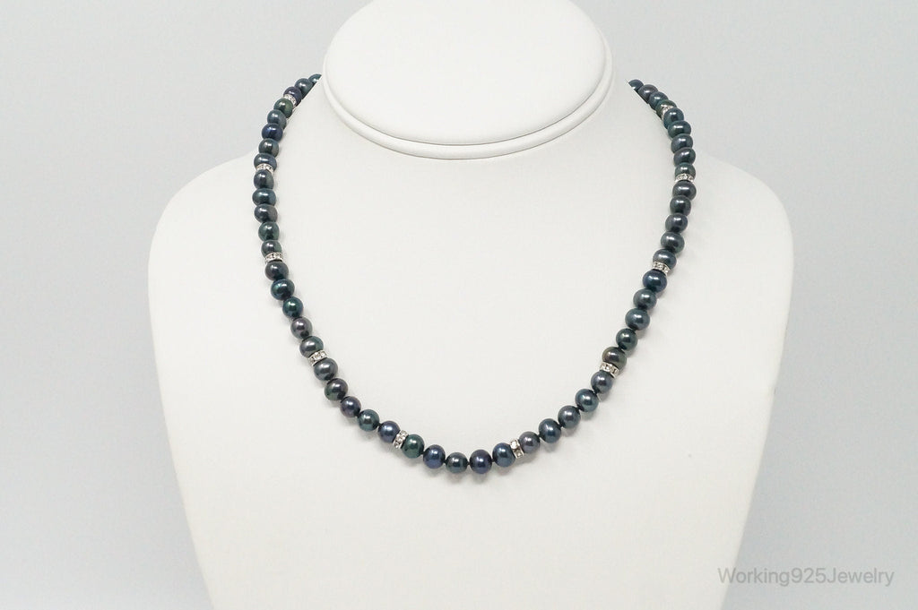 Vintage Tahitian Pearl Cubic Zirconia Sterling Silver String Necklace