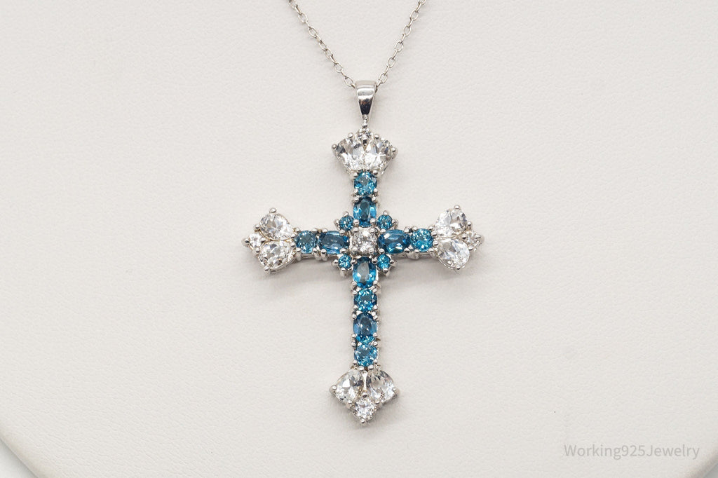Vintage Blue Topaz Cubic Zirconia Cross Sterling Silver Necklace