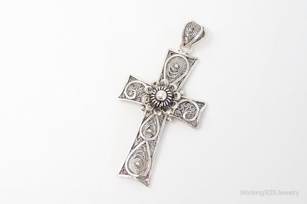 Large Designer DGS Intricate Filigree Cross Sterling Silver Pendant