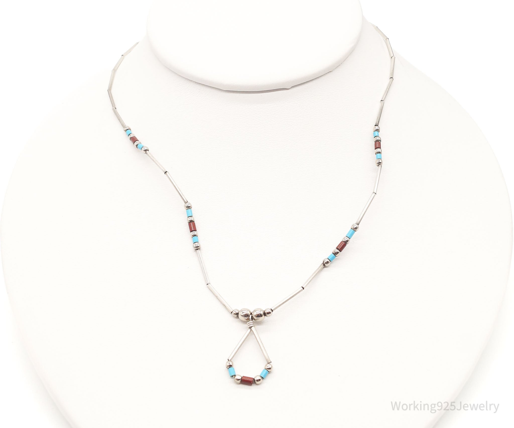 Vintage Native American Coral Turquoise Bead Silver Necklace