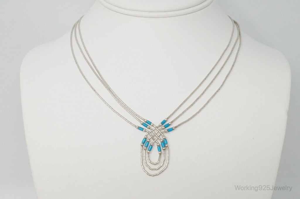 Vintage Native American Unsigned Turquoise Sterling Silver Bead Necklace