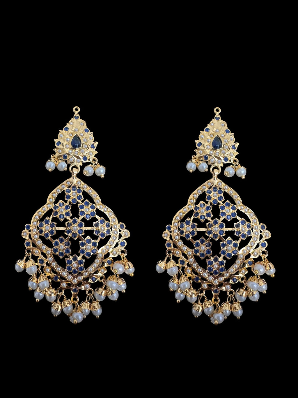 Mehru Jadau chandbali earrings tika in sapphire pearls ( READY TO SHIP )