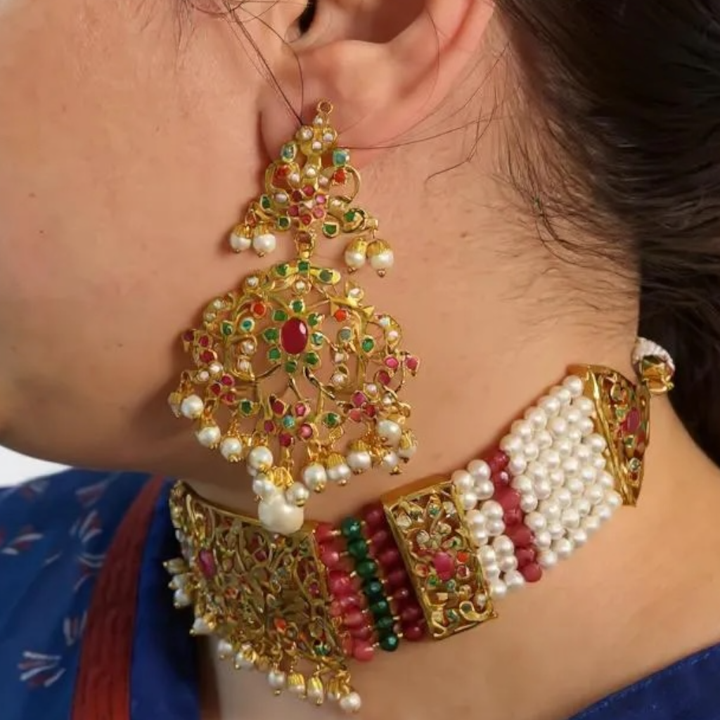 C571  Gold plated jadau choker in navratan ( READY TO SHIP )