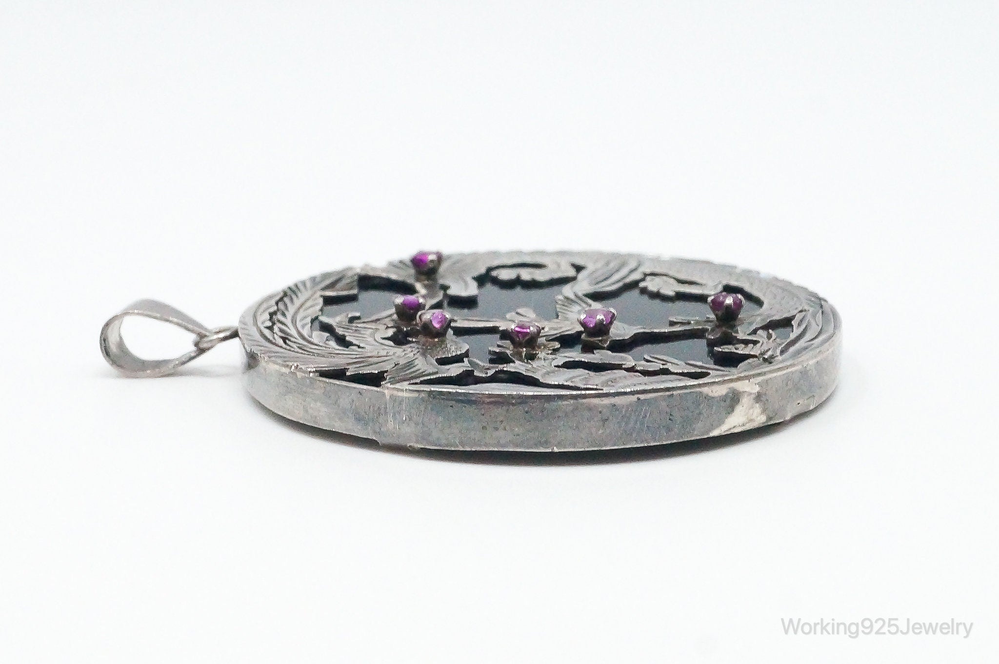 Vintage Large Ruby Black Onyx Etched Birds In Nature Sterling Silver Pendant