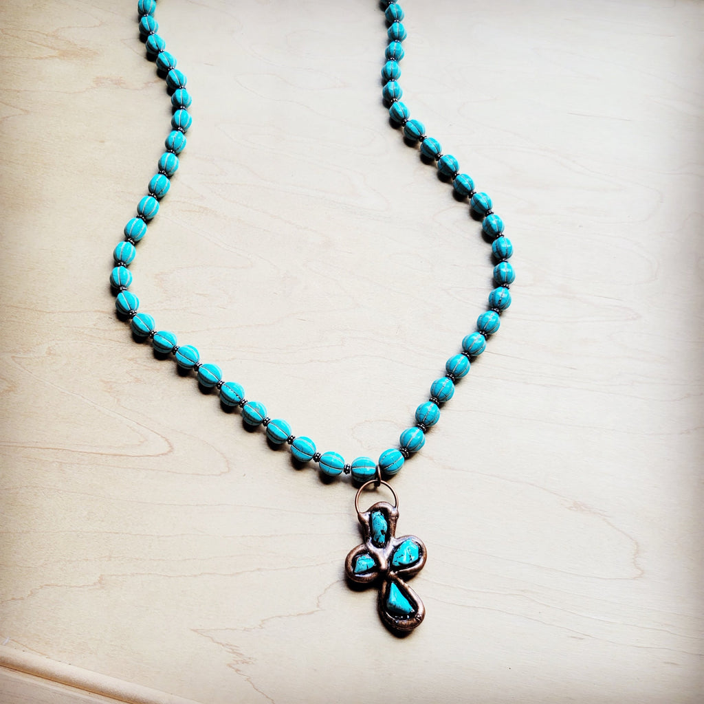 **Blue Turquoise Melon Beaded Necklace w/ Copper Cross 260g