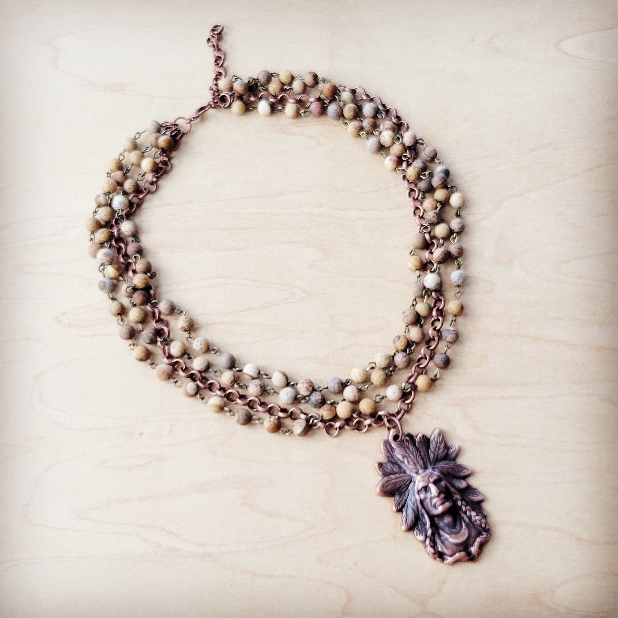 Picture Jasper Beaded Collar Necklace w/ Indian Pendant 260t
