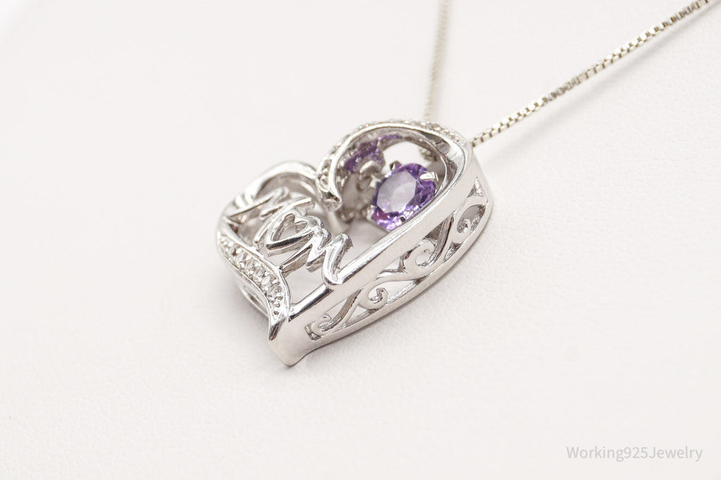 Vintage Designer SAI Amethyst Diamond Heart "Mom" Sterling Silver Necklace