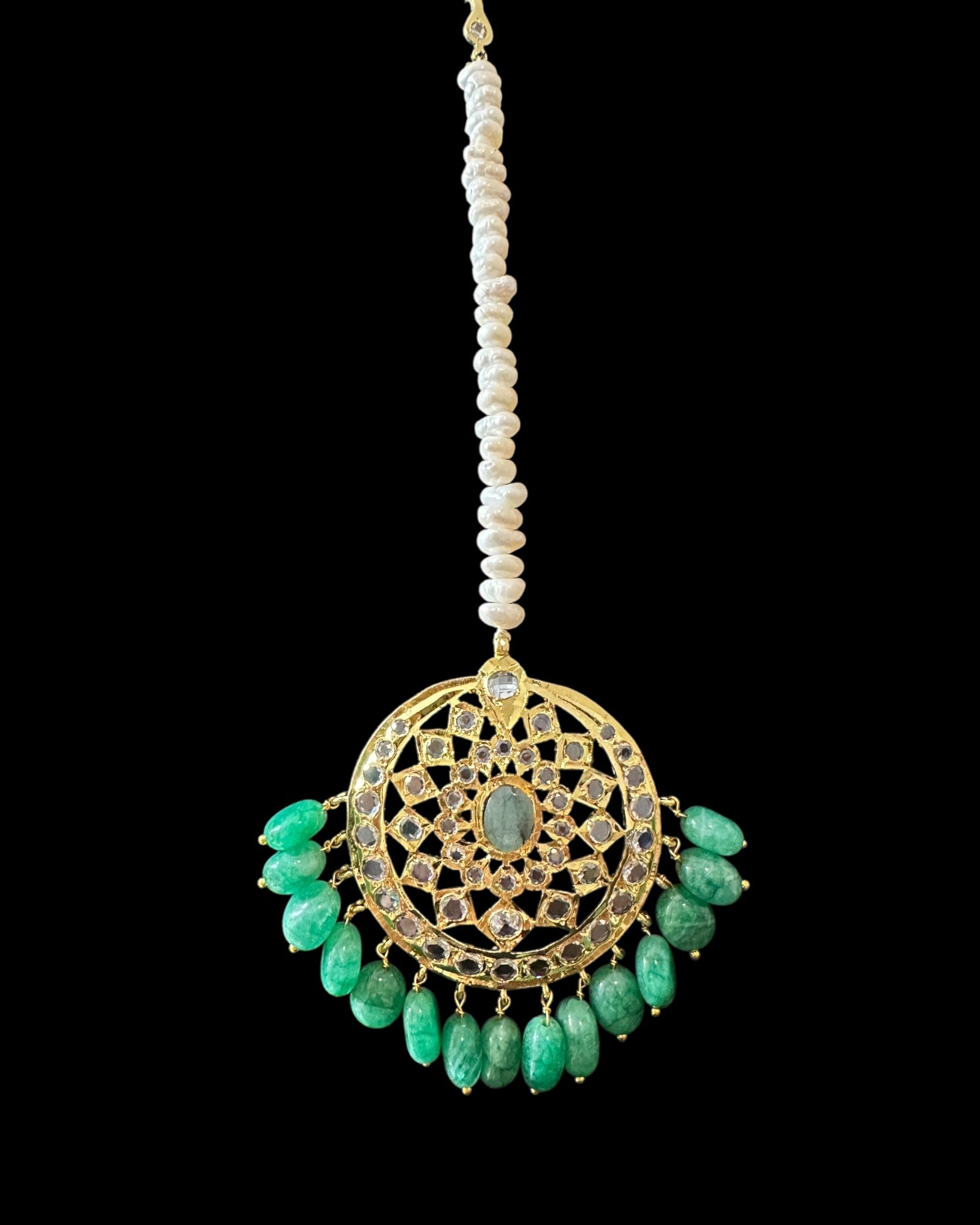 BR482 Insia Hyderabadi bridal set in emeralds with fresh water pearls ( SHIPS IN 1 WEEK )