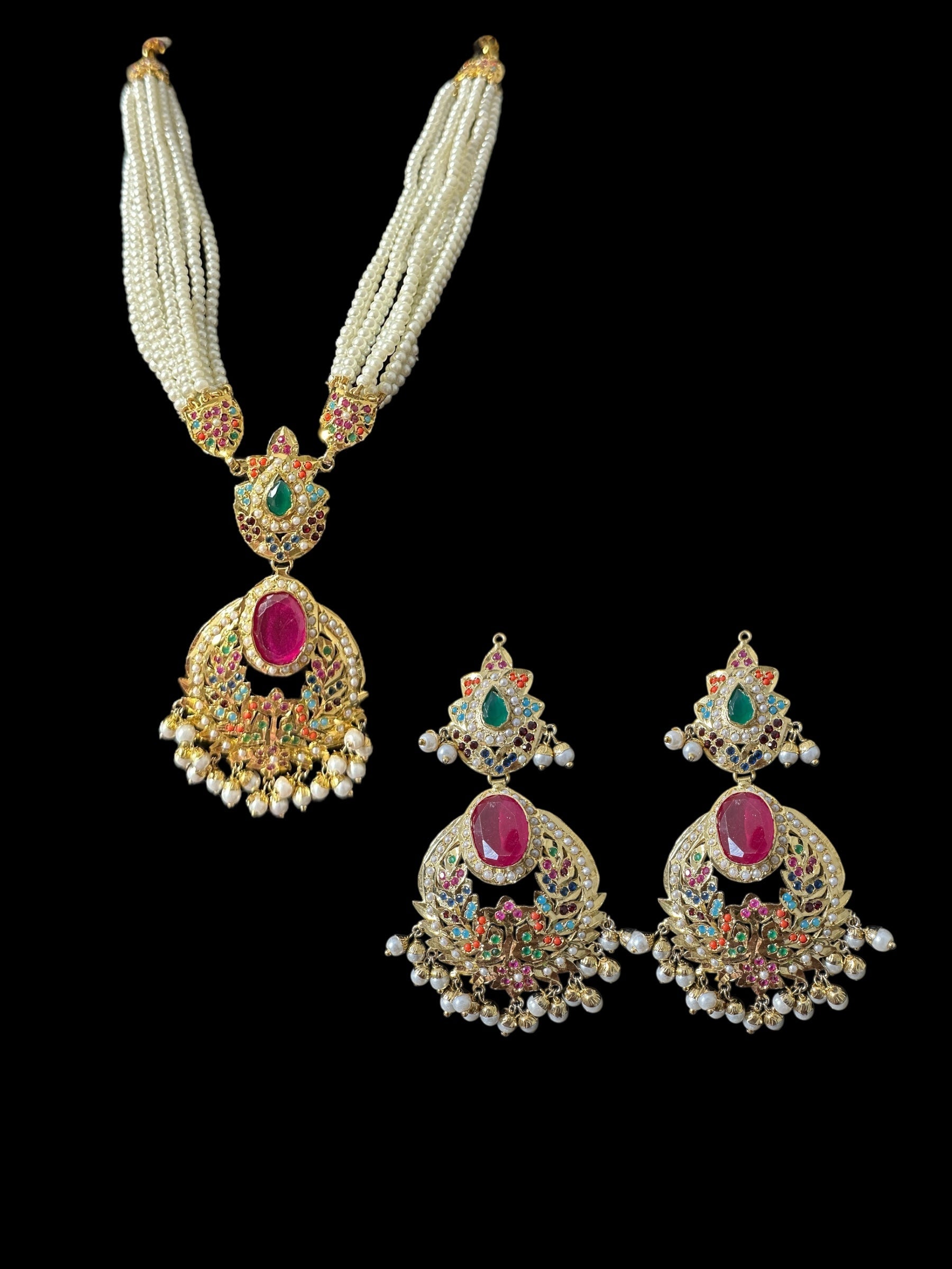 DNS200  Navratan Jadau necklace set  with dangler earrings ( READY TO SHIP )