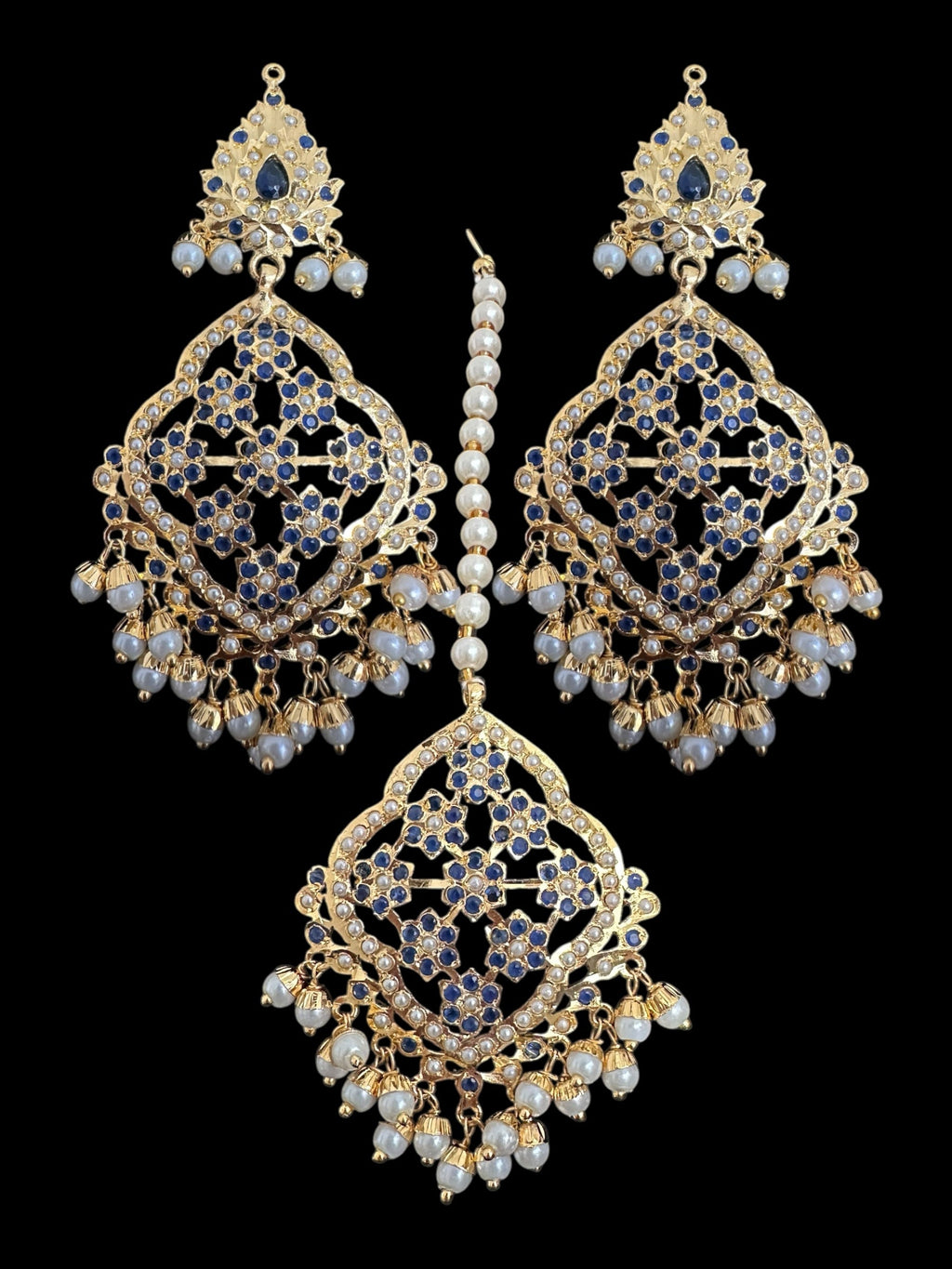 Mehru Jadau chandbali earrings tika in sapphire pearls ( READY TO SHIP )