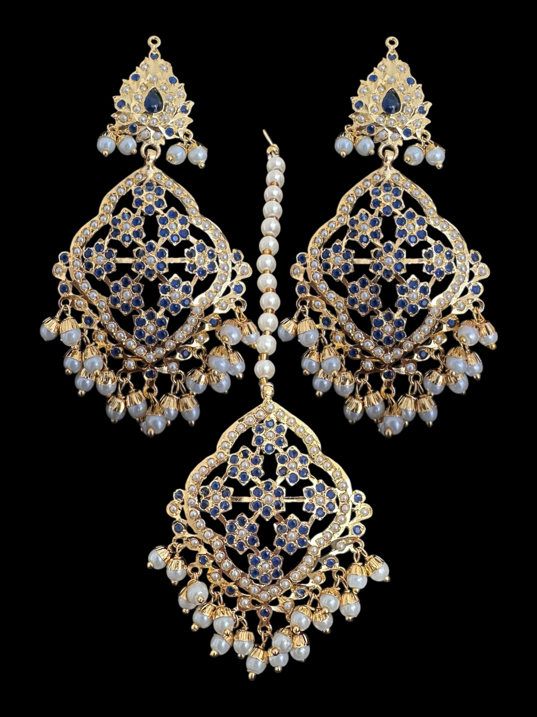 Mehru Jadau chandbali earrings tika in sapphire pearls ( READY TO SHIP )