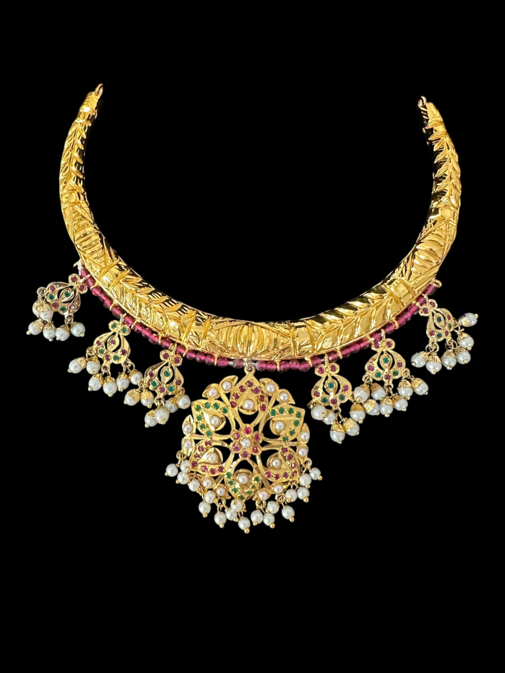 DNS190  Gold-Plated jadau ruby emerald  Hasli Necklace with earrings tika  – Handcrafted Traditional Set ( READY TO SHIP )