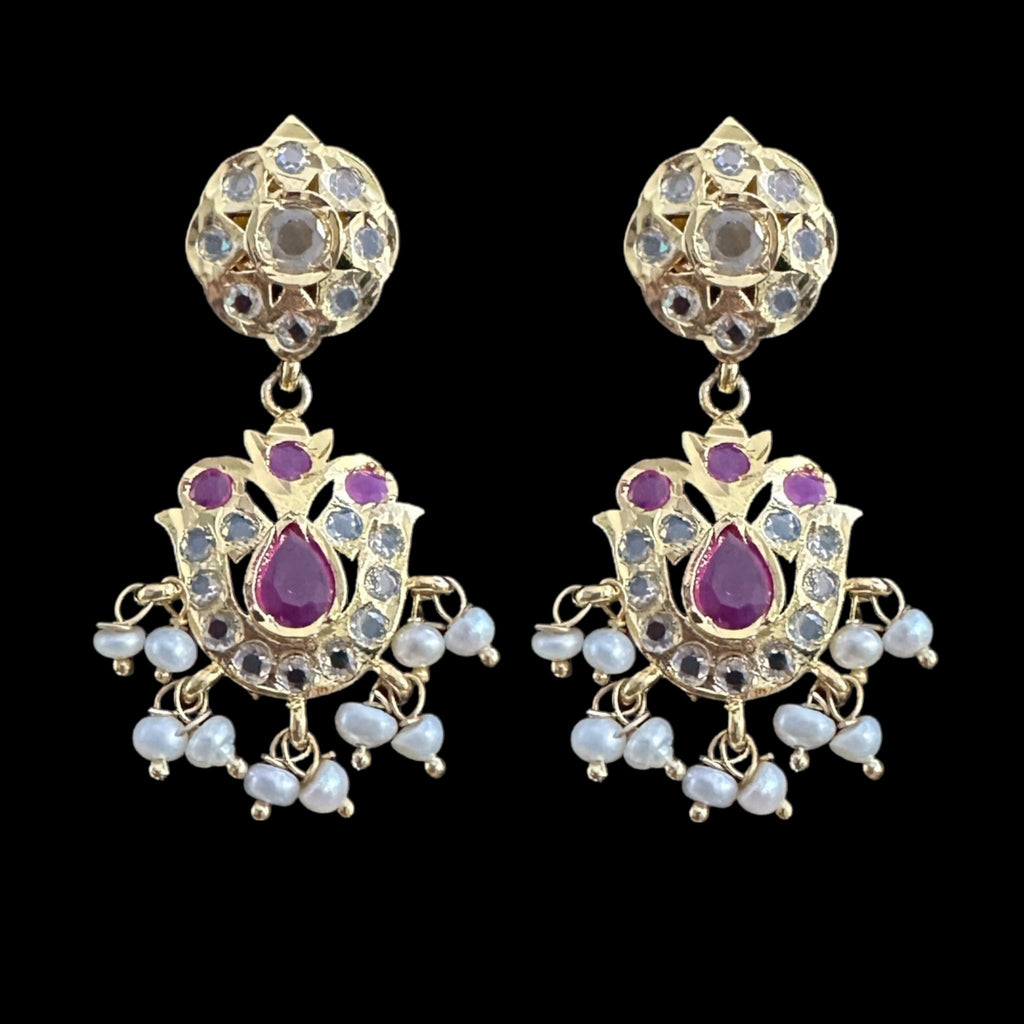 SAT93  Mallika hyderabadi three layer necklace set in ruby with fresh water pearls ( READY TO SHIP )