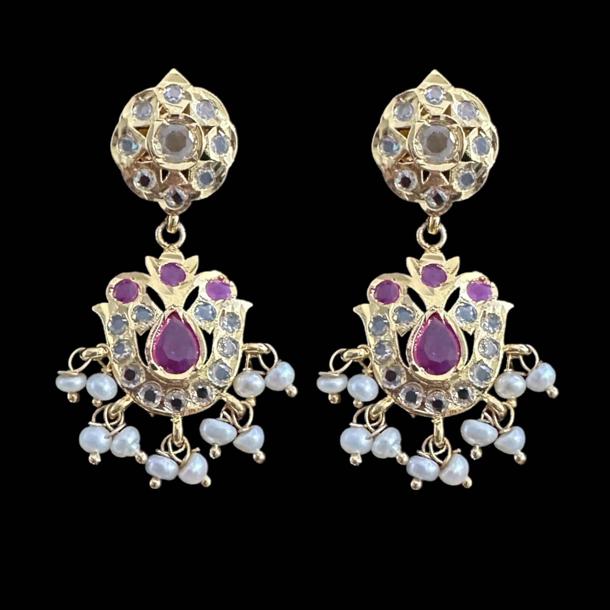 SAT93  Mallika hyderabadi three layer necklace set in ruby with fresh water pearls ( READY TO SHIP )