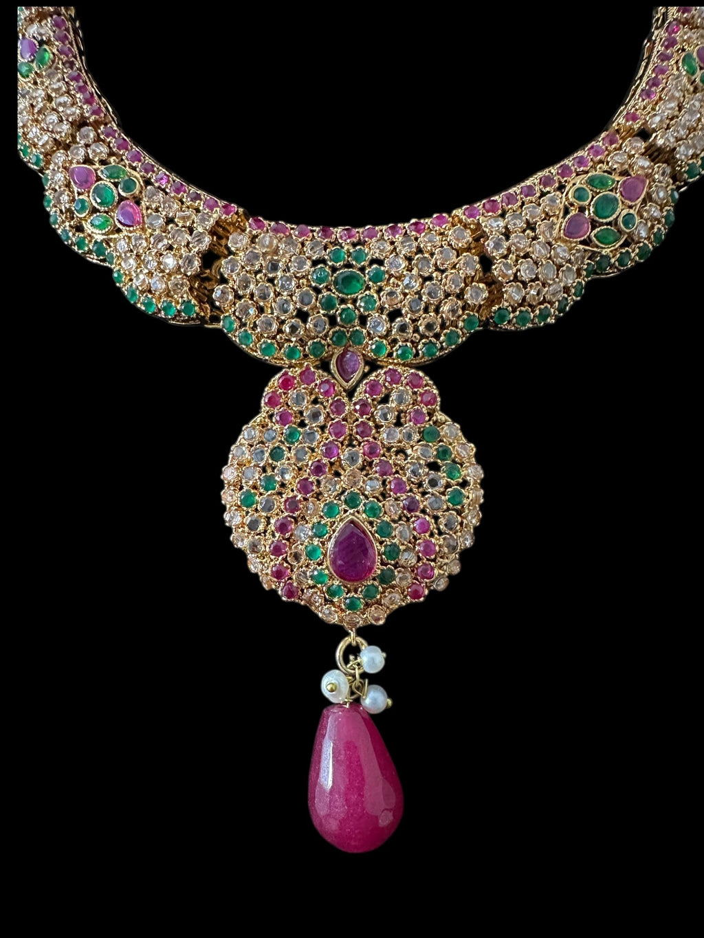 BR463  Deepa multicolor bridal cz necklace set with jhoomar tika ( READY TO SHIP )