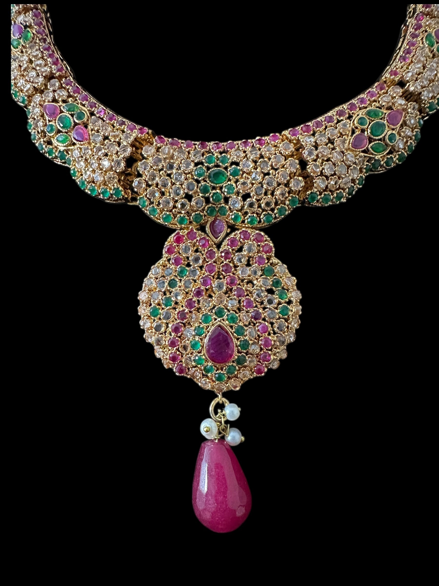 BR463  Deepa multicolor bridal cz necklace set with jhoomar tika ( READY TO SHIP )