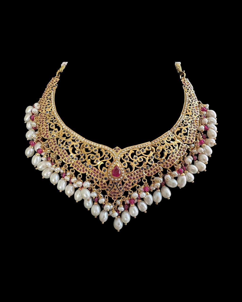 SN21 Ruby sapphire and fresh water pearl necklace with earrings in gold plated silver ( READY TO SHIP)