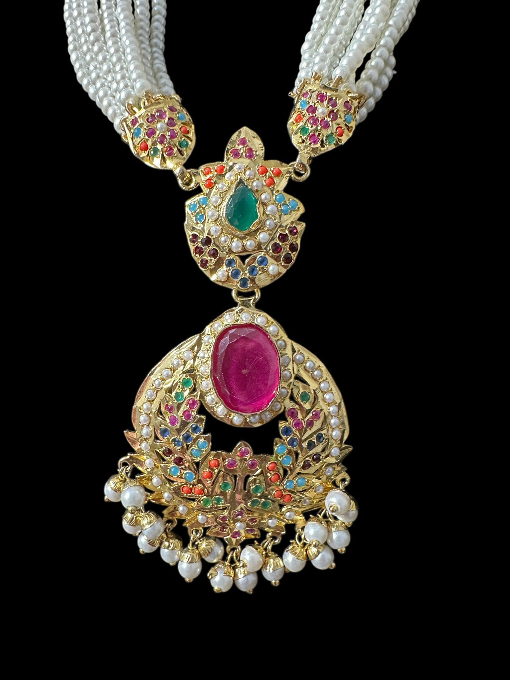 DNS200  Navratan Jadau necklace set  with dangler earrings ( READY TO SHIP )