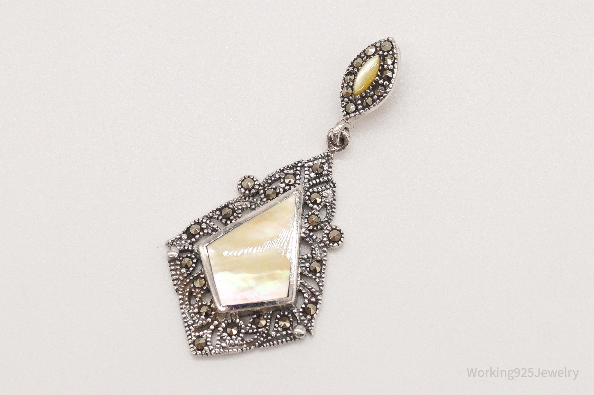 Vintage Art Deco Mother Of Pearl Marcasite Sterling Silver Pendant