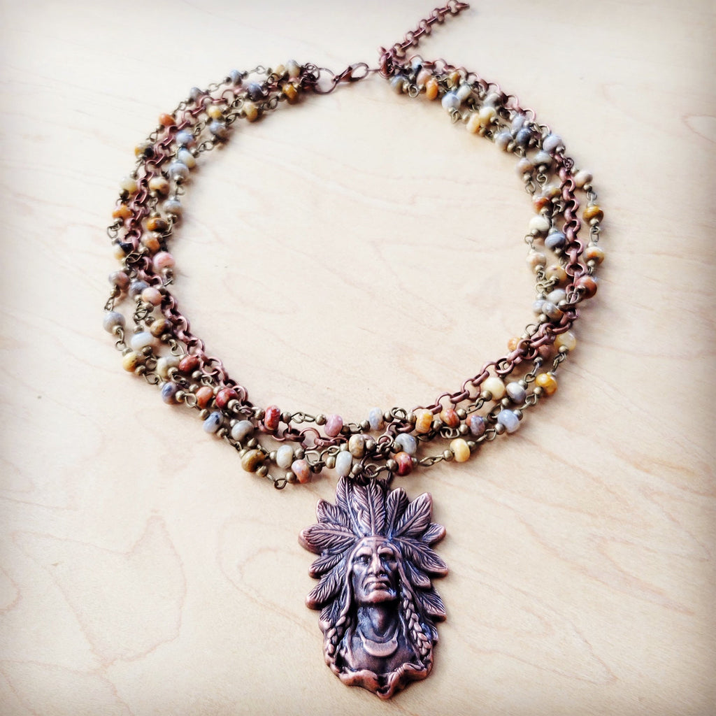 Natural Agate Beaded Collar Necklace w/ Indian Pendant 260v
