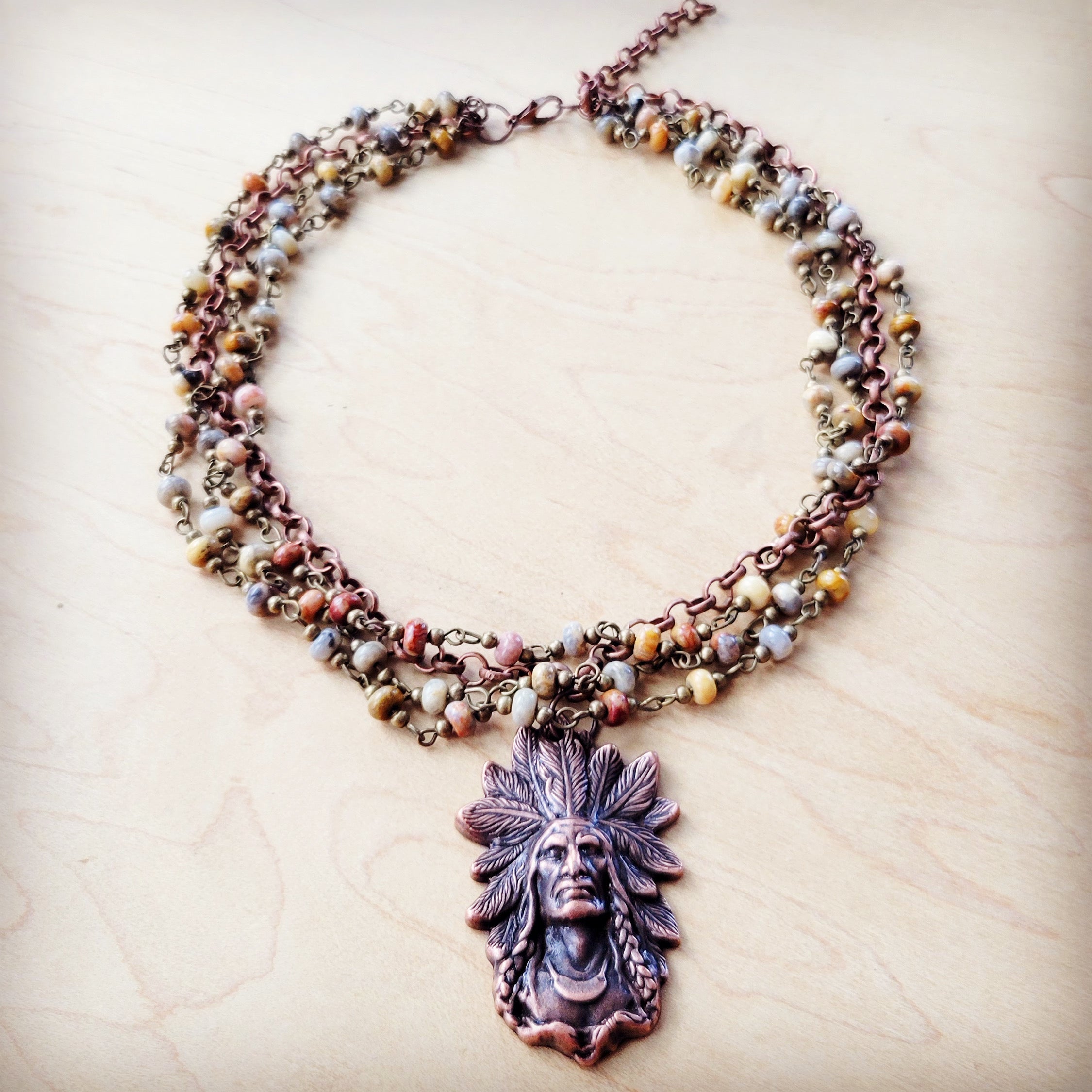 Natural Agate Beaded Collar Necklace w/ Indian Pendant 260v