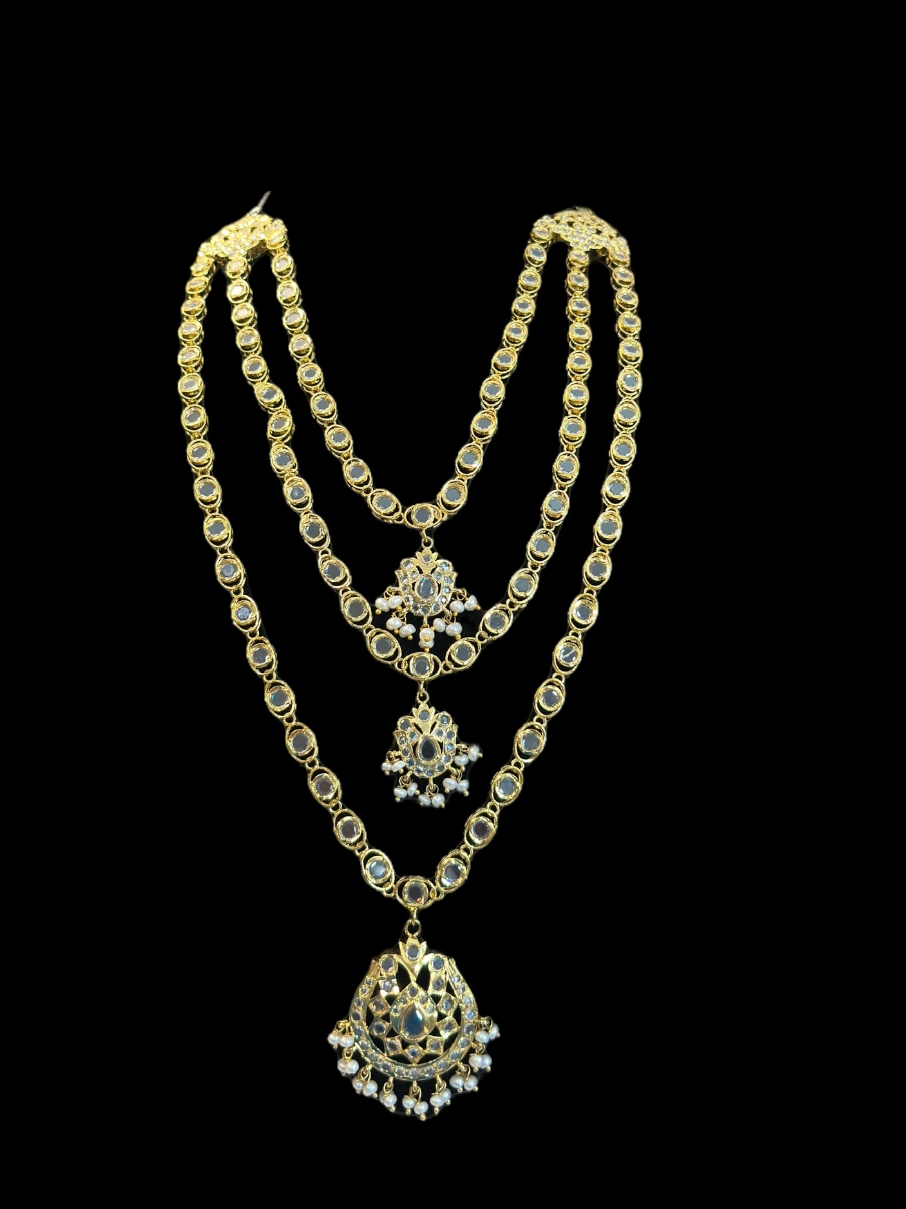 SAT105 Mallika hyderabadi three layer necklace set in fresh water pearls ( READY TO SHIP )