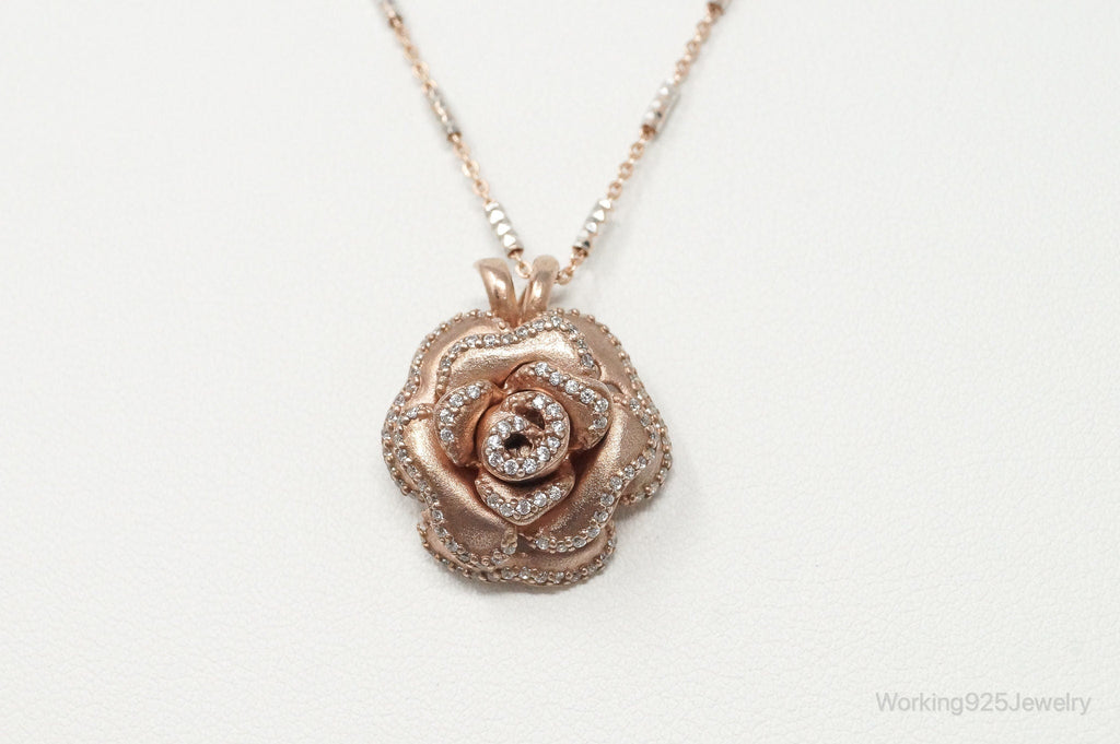Vintage Cubic Zirconia Rose Gold Vermeil Sterling Silver Flower Necklace