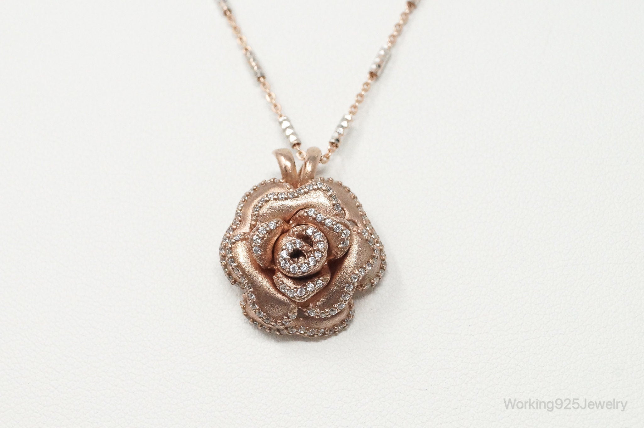 Vintage Cubic Zirconia Rose Gold Vermeil Sterling Silver Flower Necklace