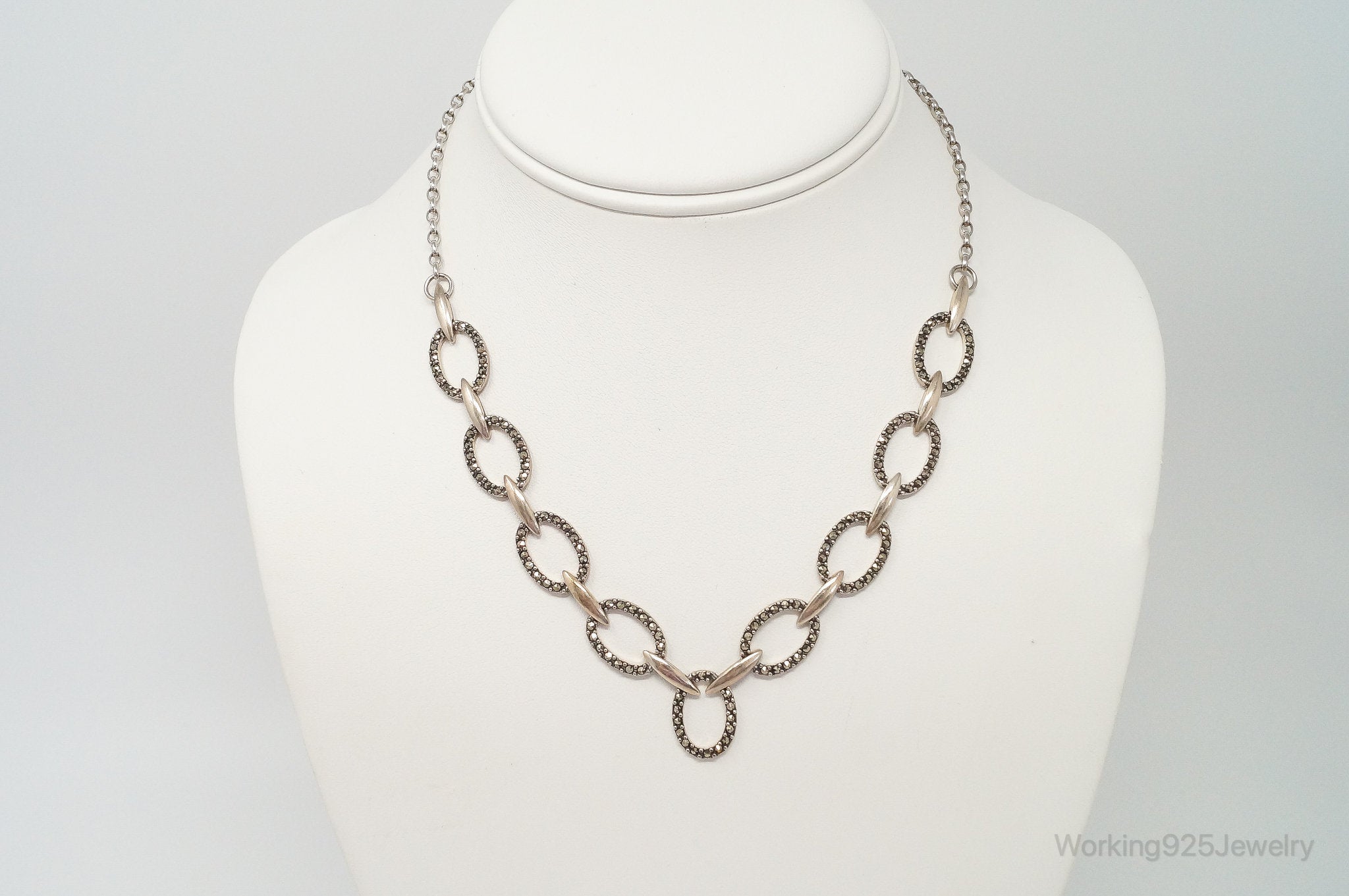 Vintage Marcasite Art Deco Oval Link Sterling Silver Necklace