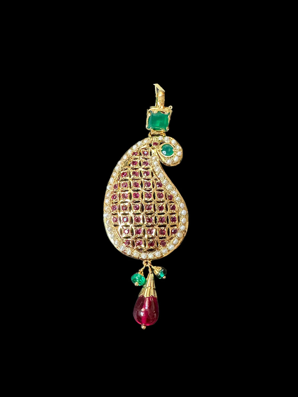 Gold‑Plated Jadau Silver Pendant Set in Ruby & Emeralds 
 ( SHIPS IN 4 WEEKS )