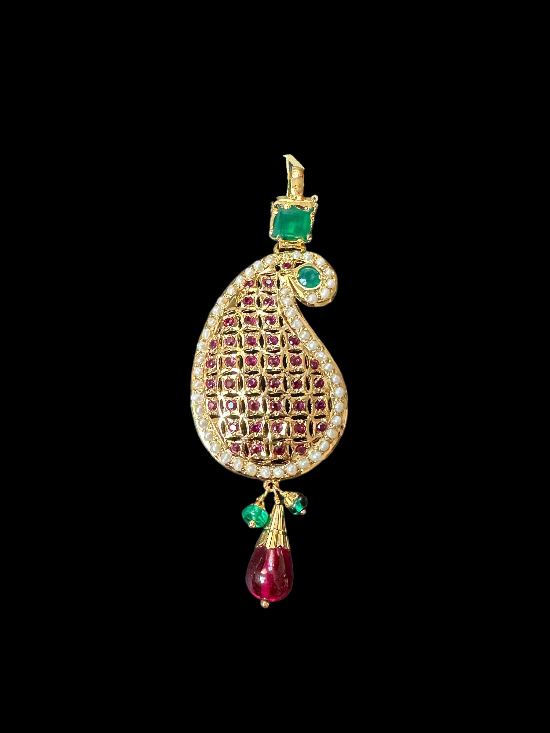 Gold‑Plated Jadau Silver Pendant Set in Ruby & Emeralds 
 ( SHIPS IN 4 WEEKS )