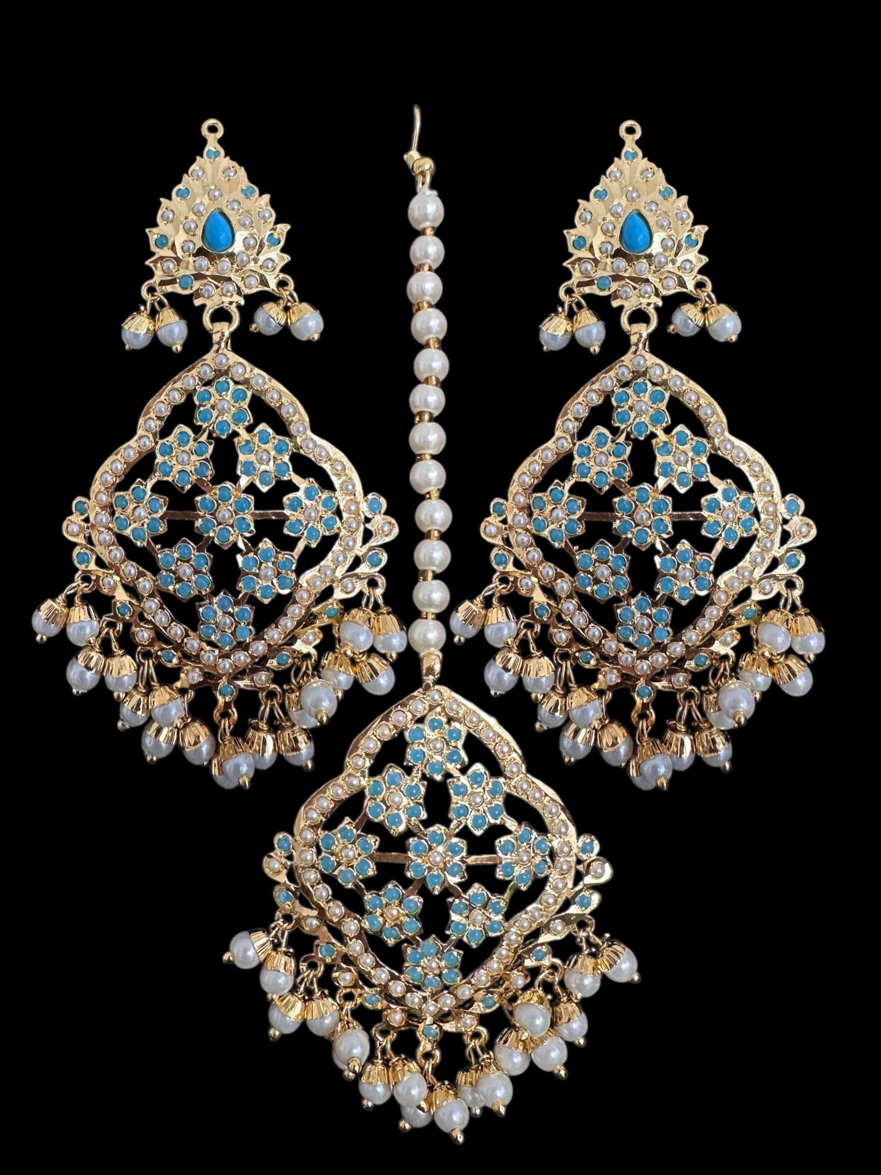 Mehru Jadau chandbali earrings tika in turquoise/feroza pearls ( READY TO SHIP )