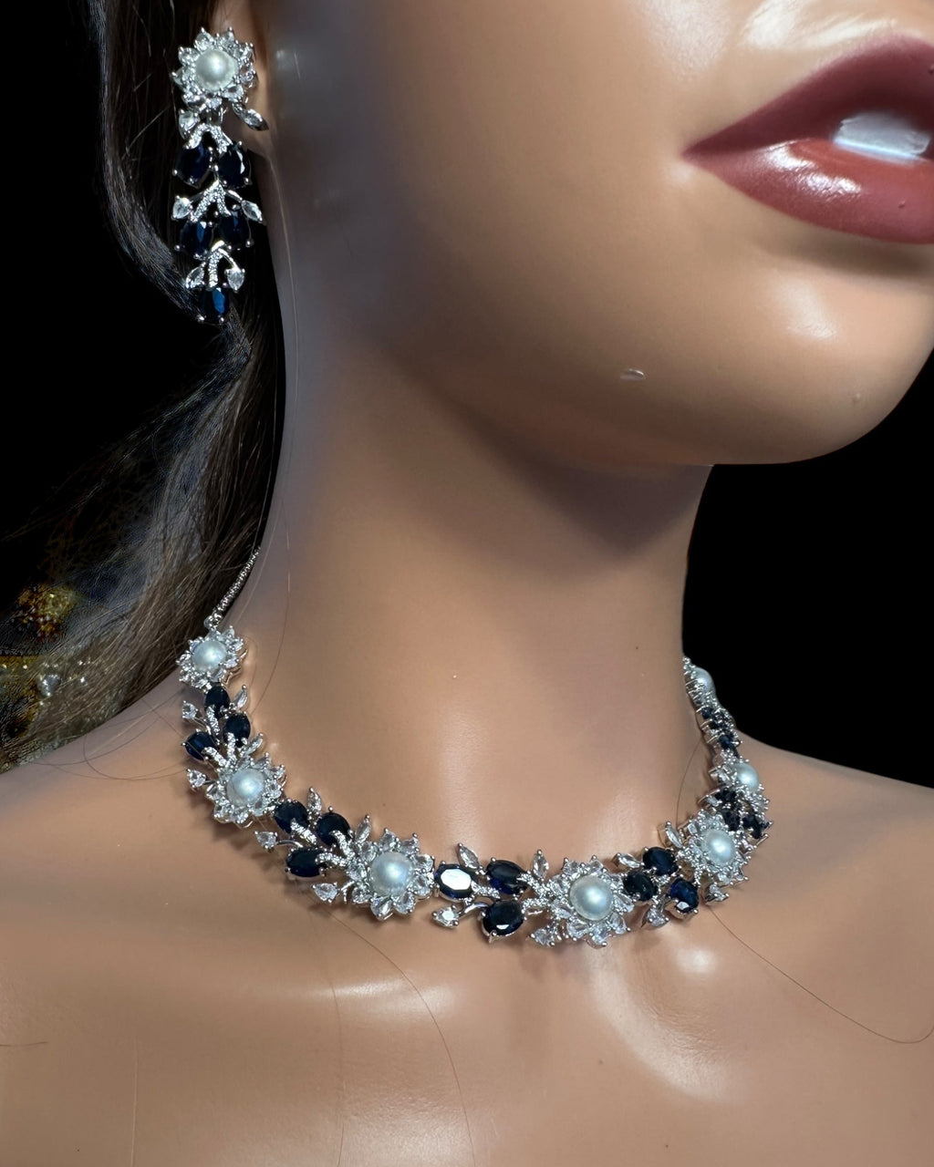 DNS137B silver plated necklace set - BLUE / SAPPHIRE  ( READY TO SHIP )