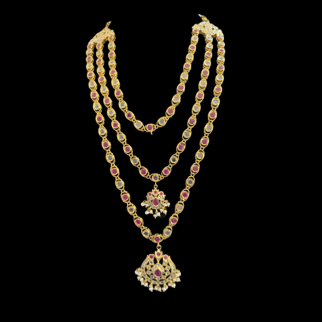 SAT93  Mallika hyderabadi three layer necklace set in ruby with fresh water pearls ( READY TO SHIP )