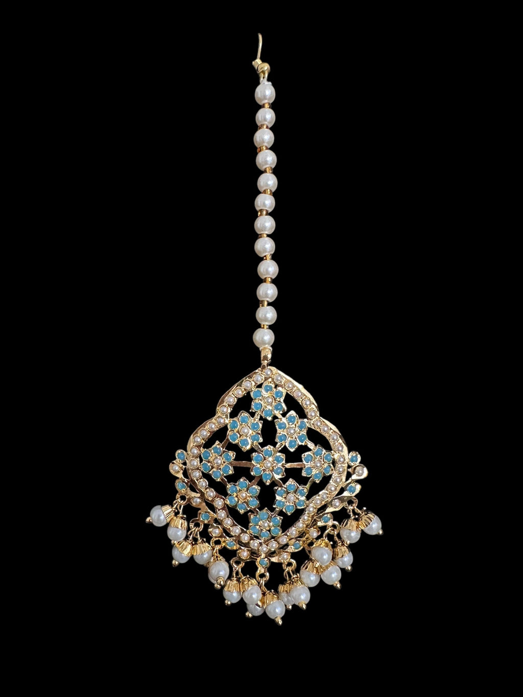 Mehru Jadau chandbali earrings tika in turquoise/feroza pearls ( READY TO SHIP )