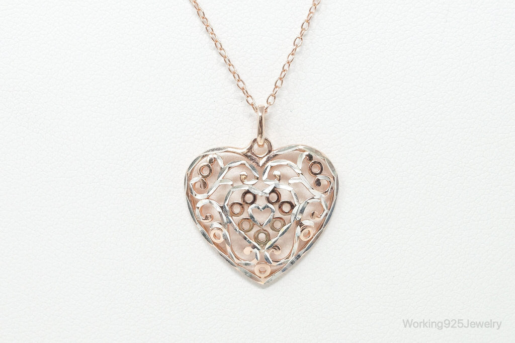 Vintage Rose Gold Vermeil Heart Sterling Silver Necklace - 18 Inch Chain