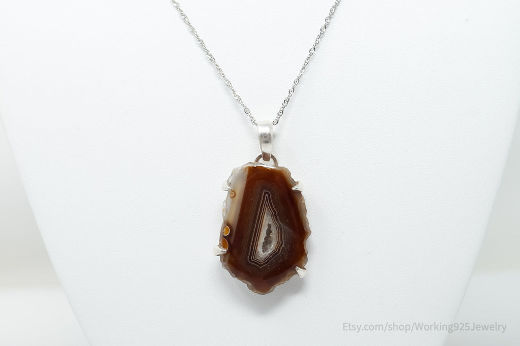 Vintage Large Brown Crazy Lace Agate Sterling Silver Necklace