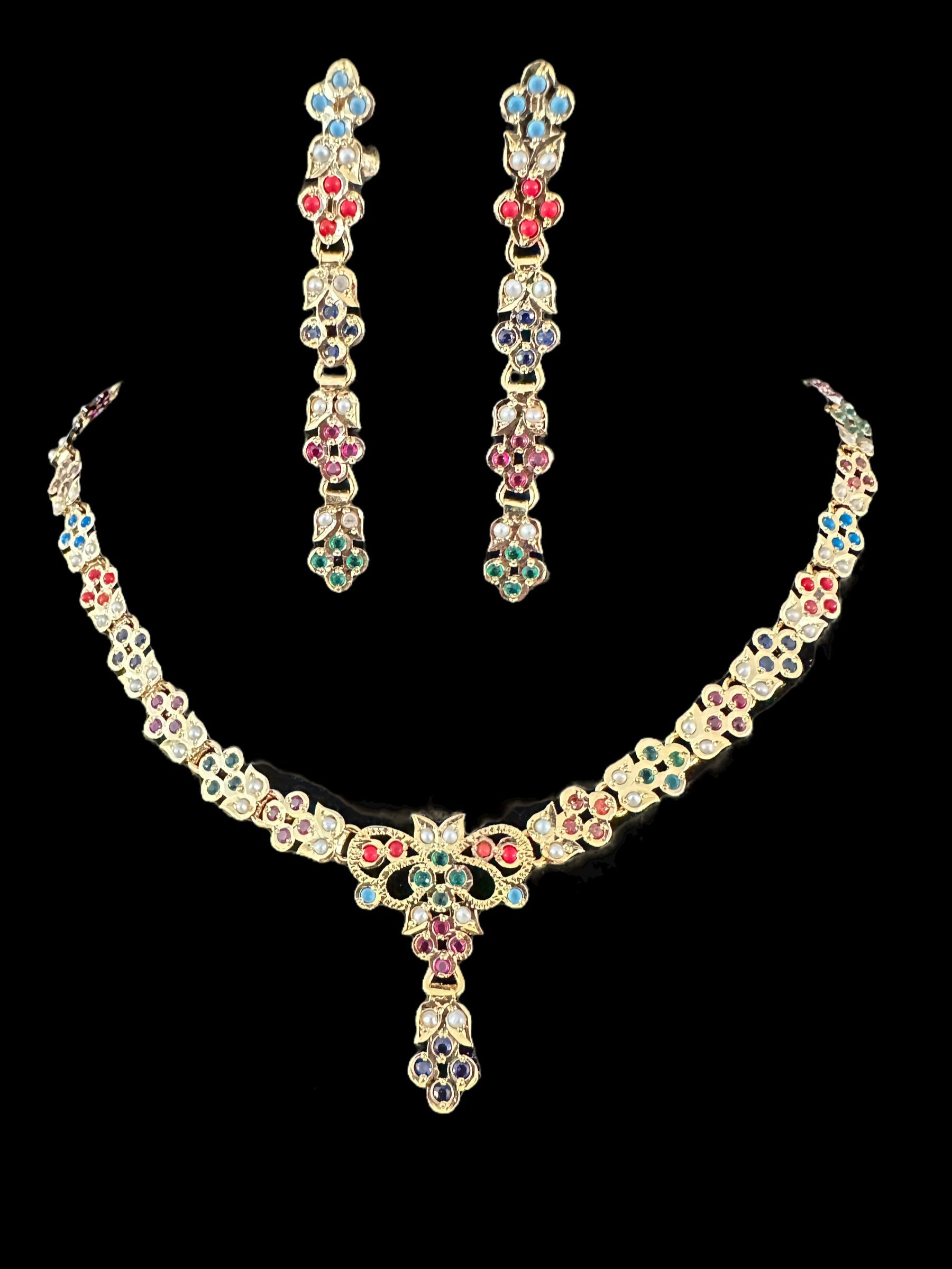 Navratan necklace set in gold plated silver ( READY TO SHIP )