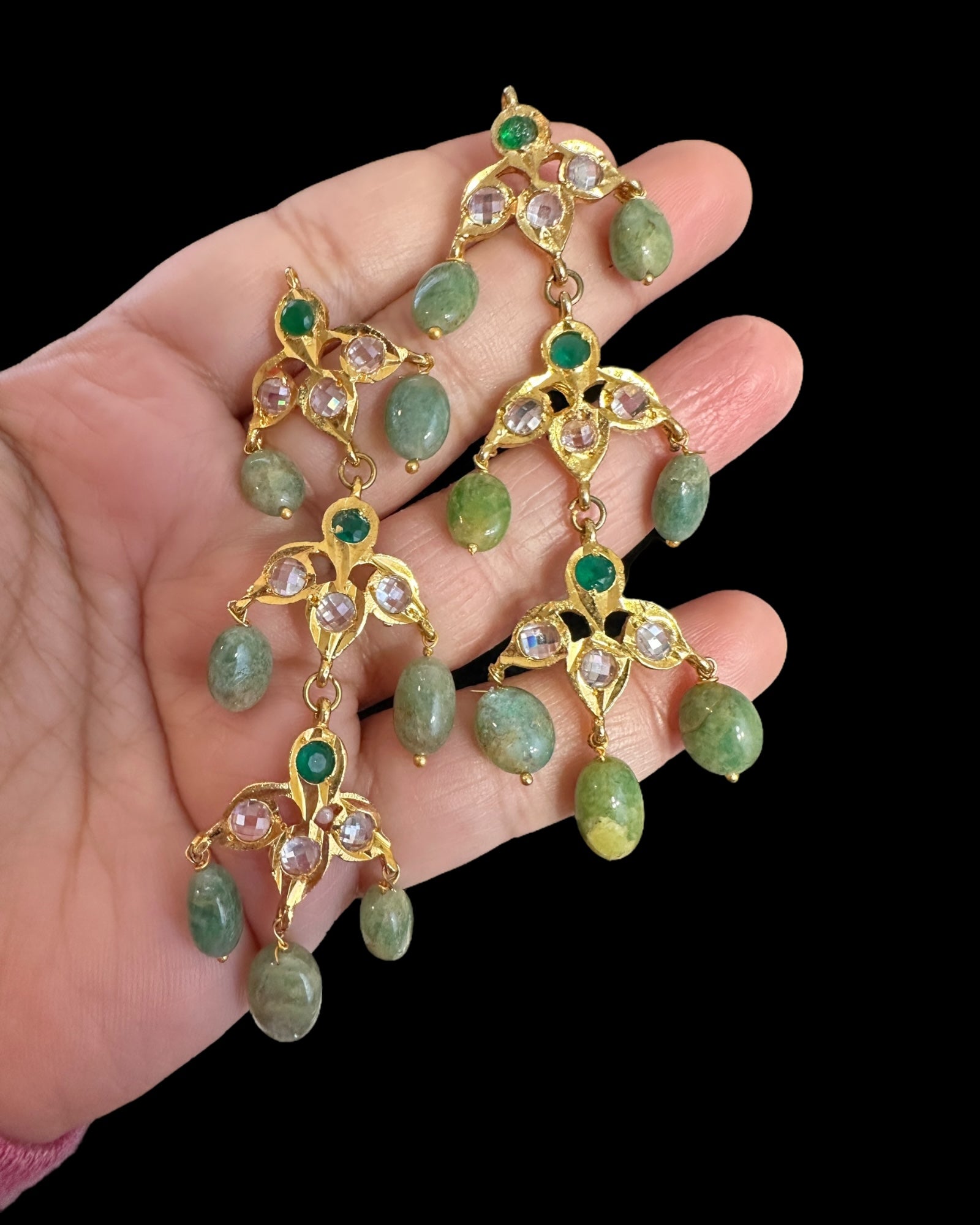 DER768 Savera Hyderabadi three layered earrings in emerald beads (READY TO SHIP )